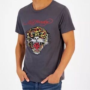 Ed Hardy Grey Tee Tiger Rhinestones Unisex L